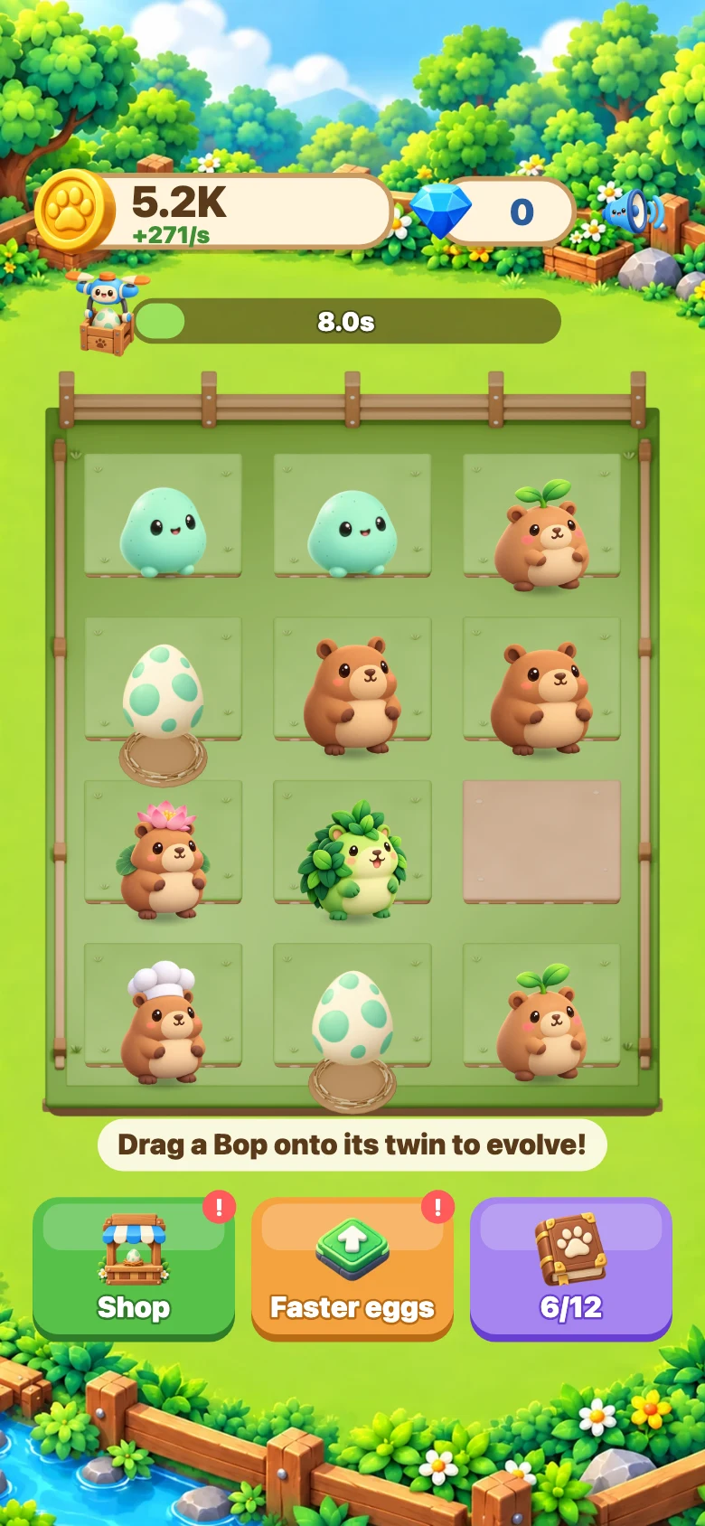 Bop Evolution habitat with eggs and discovered creatures on twelve board slots