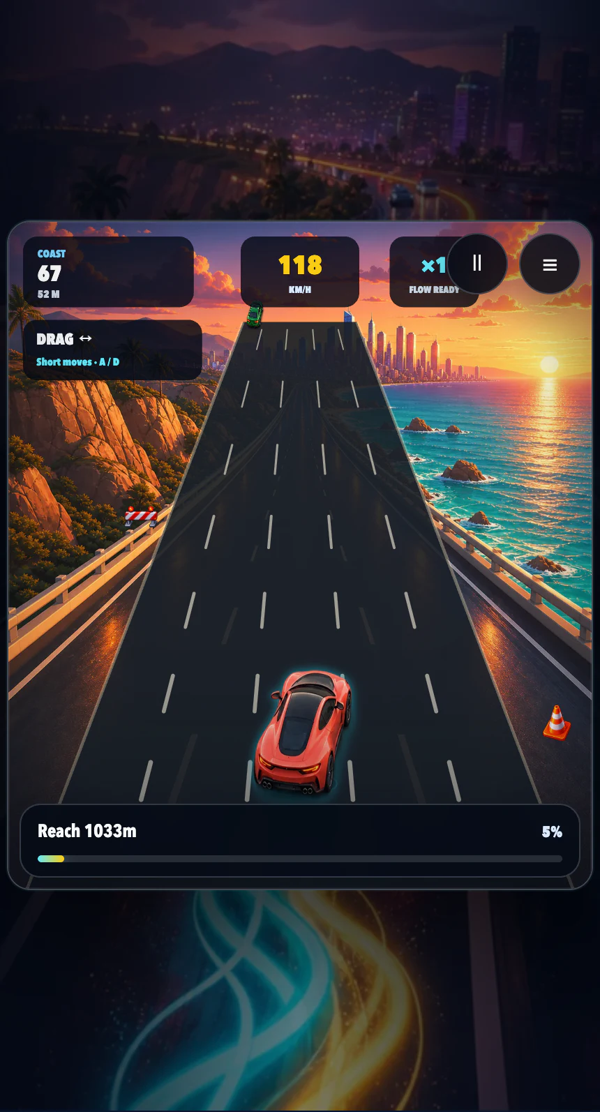 Highway Rush running on a phone-sized browser viewport, with a red car steering on the Coast road and the speed and mission HUD visible