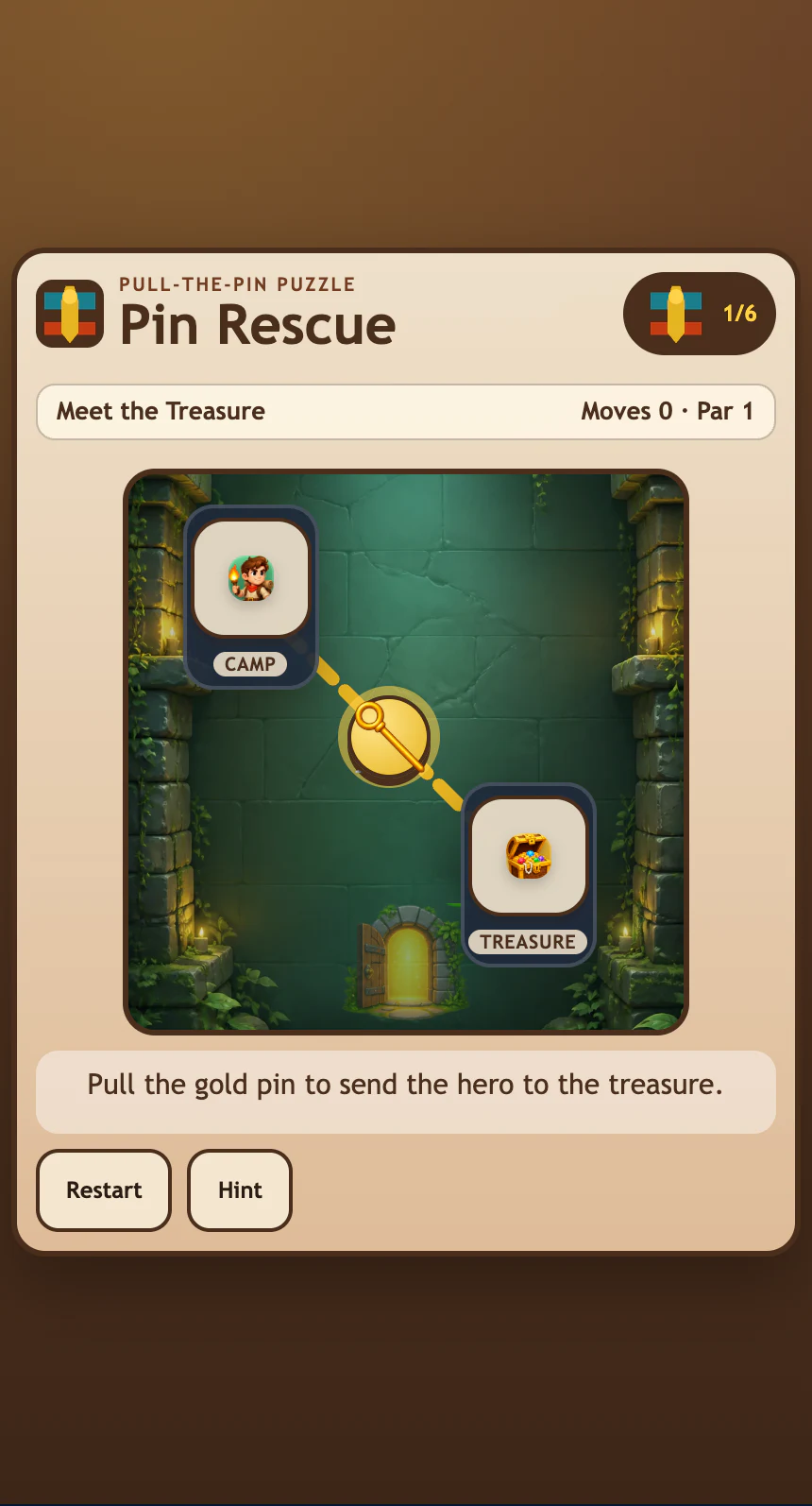 Pin Rescue first level showing the hero camp, gold pin, treasure destination, move count and one-move par