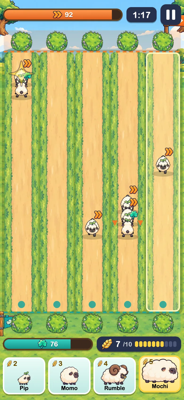 Bop Sheep Clash match on a phone: five vertical lanes, player sheep pushing the AI's sheep, Feed meter and four sheep cards