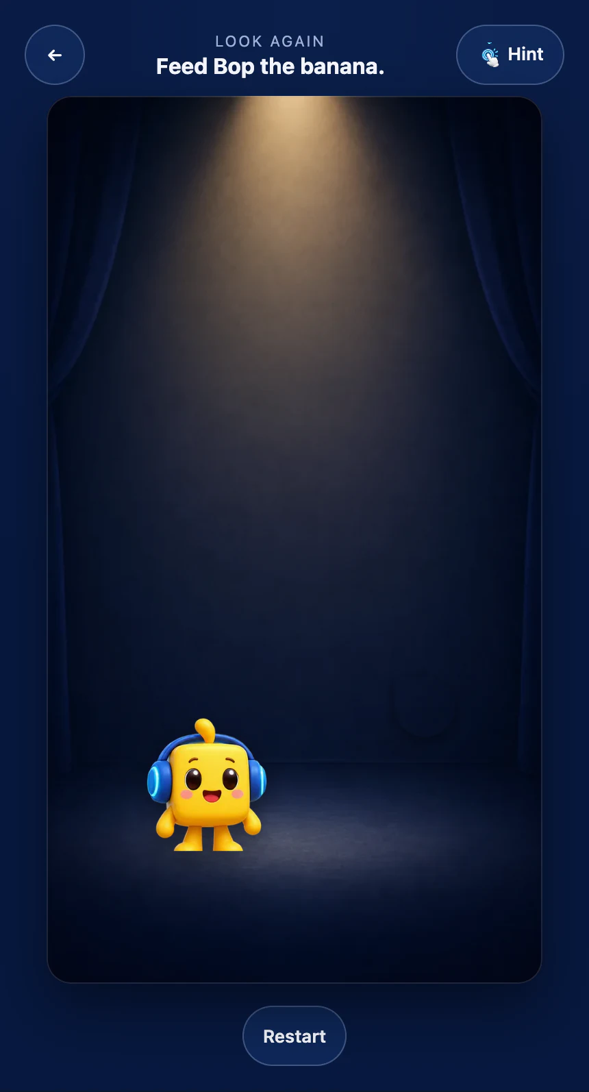 Tricky Bits Look Again level asking the player to feed Bop a banana while the character stands alone on a stage